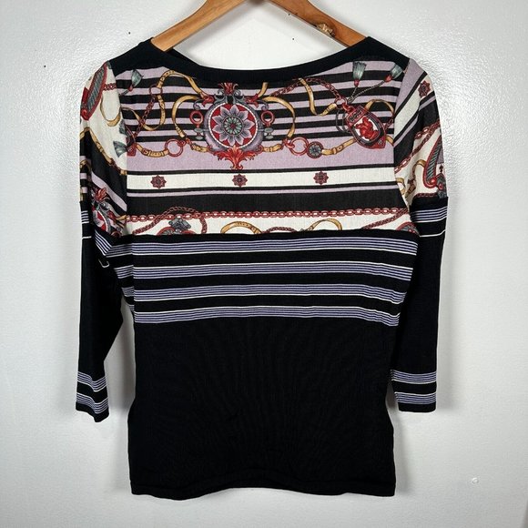 Feratelli Womens Medium Blouse Belted Art Stretch Black 3/4 Sleeves Striped - Picture 11 of 16